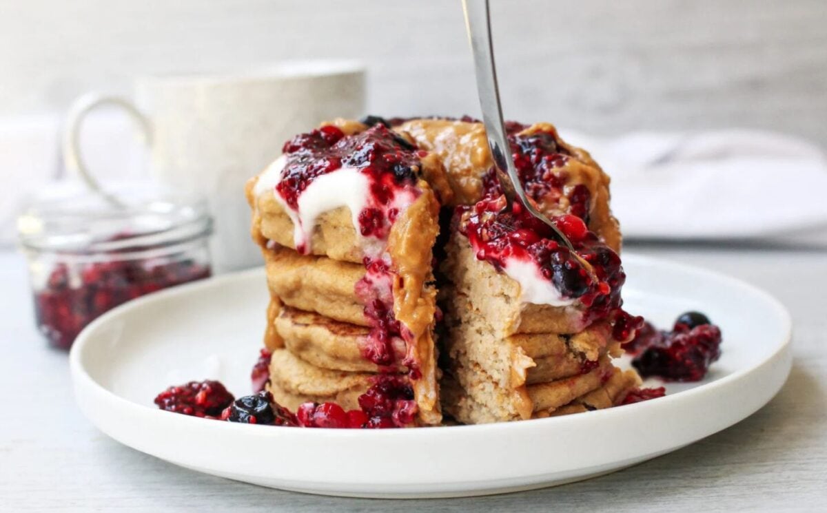 Photo shows a stack of vegan oat-based pancakes