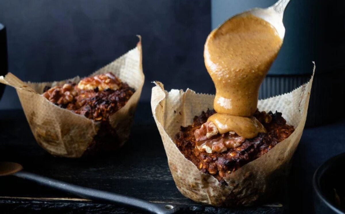 Photo shows banana walnut muffins prepared to a vegan recipe