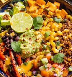 Photo shows a large vegan burrito bowl made using walnut-based "mince" as the main protein