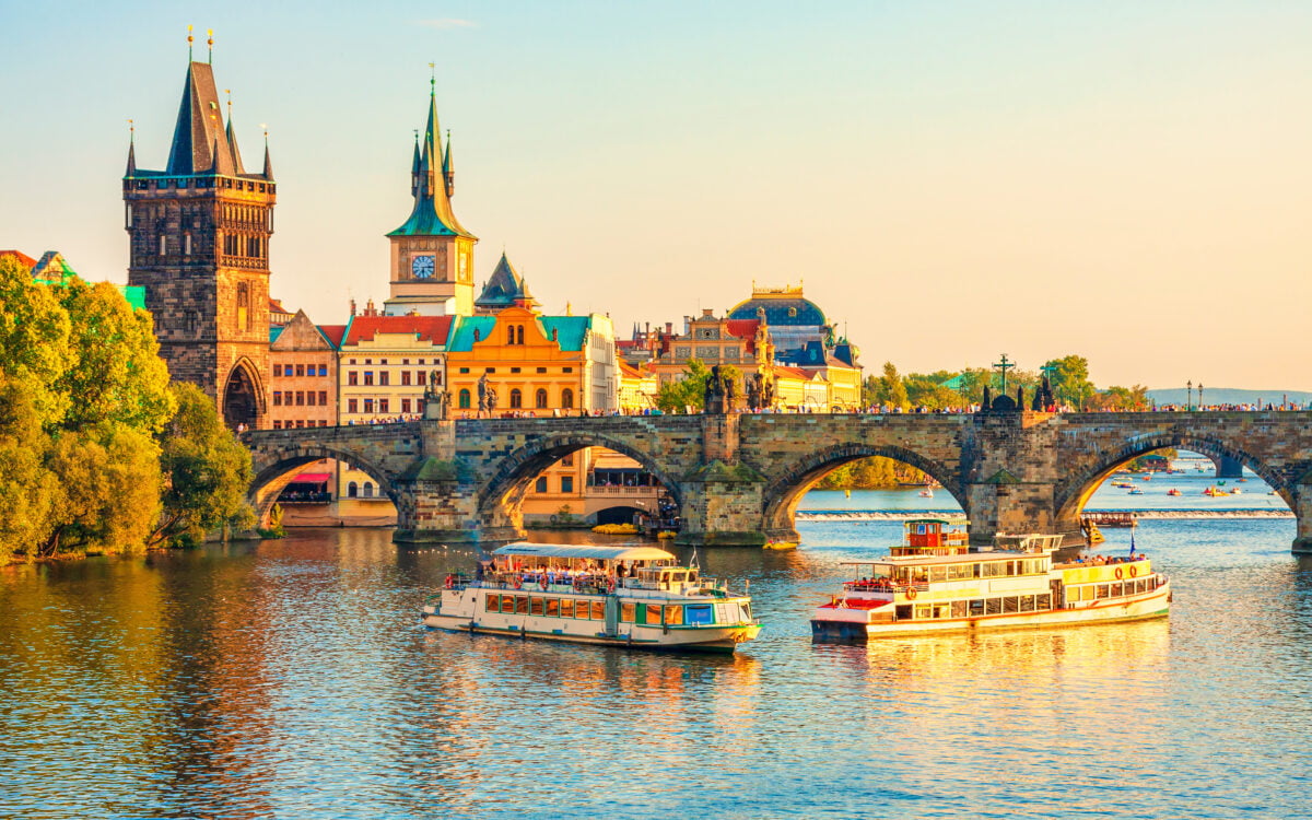 A colorful image of Charles Bridge and architecture of the old town in Prague, Czech republic