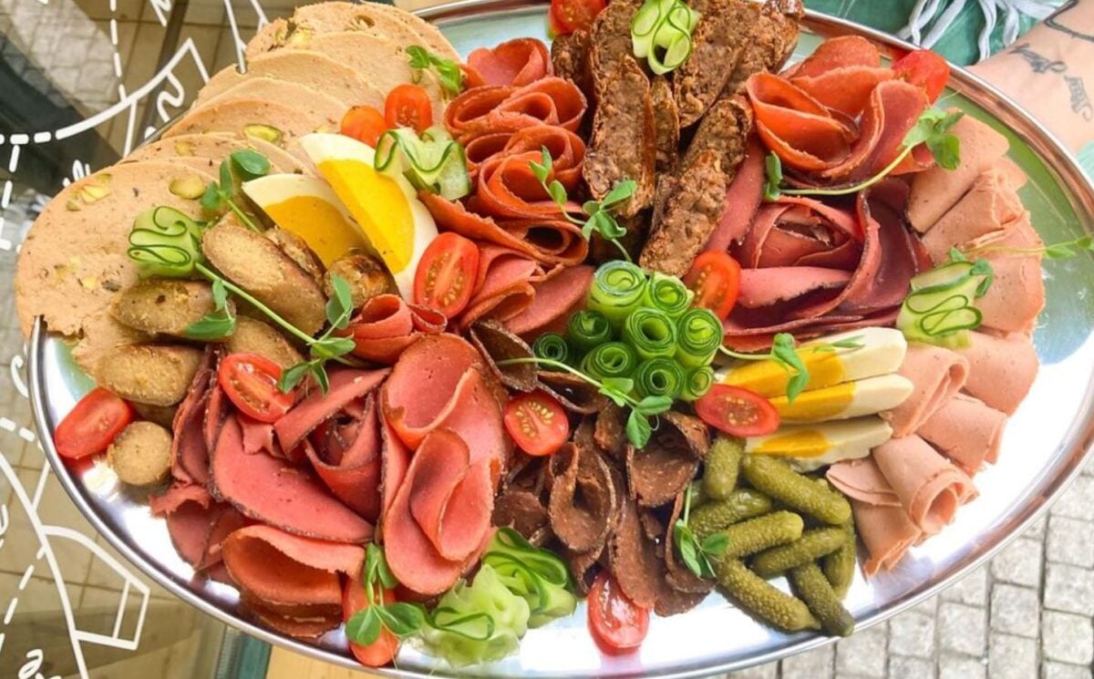 A platter of vegan meat, egg, and other plant-based offerings from a vegan butcher's in Prague
