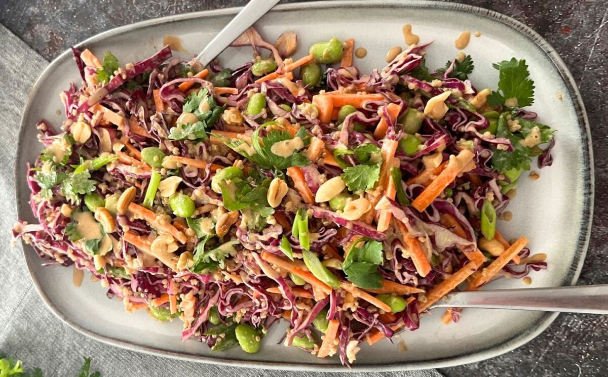 A large plate of vegan crunchy high protein peanut salad