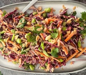 A large plate of vegan crunchy high protein peanut salad
