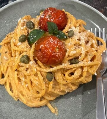 A plate of high protein spaghetti made with silken tofu