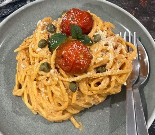 A plate of high protein spaghetti made with silken tofu