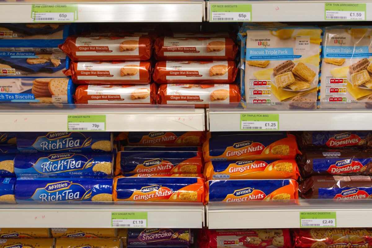A selection of biscuits, including some vegan-friendly biscuits, on a UK supermarkets shelf