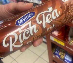 Rich Tea: The Cocoa one biscuits available in Tesco supermarkets in the UK