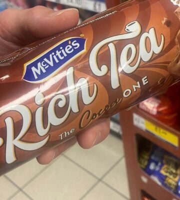 Rich Tea: The Cocoa one biscuits available in Tesco supermarkets in the UK