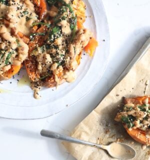 Smashed sweet potatoes with tahini and cannellini beans