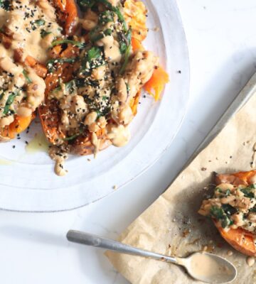 Smashed sweet potatoes with tahini and cannellini beans