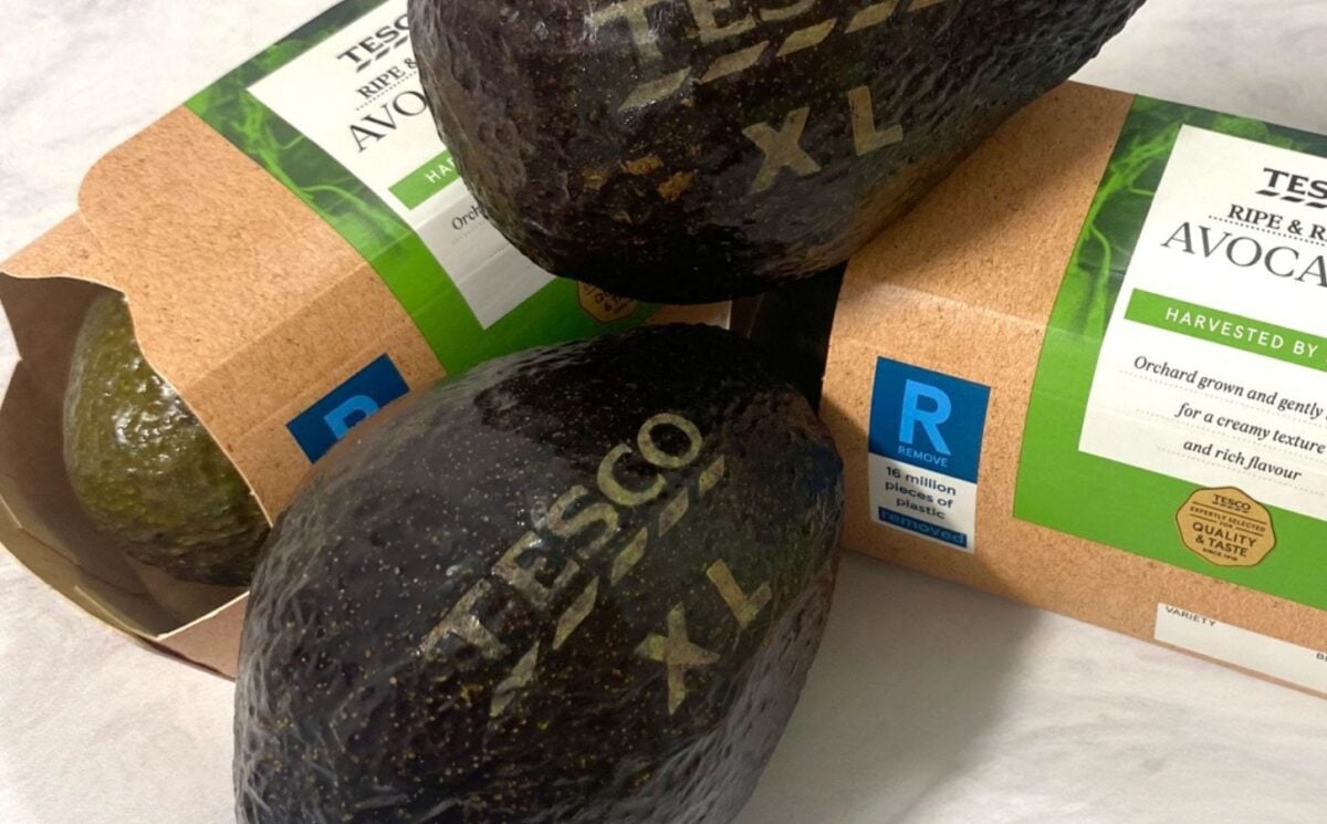 Photo shows the new Tesco avocados with laser-cut "labels" to reduce plastic packaging waste