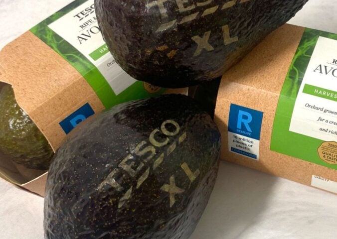 Photo shows the new Tesco avocados with laser-cut "labels" to reduce plastic packaging waste