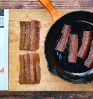 A pan of plant-based bacon from vegan meat brand THIS