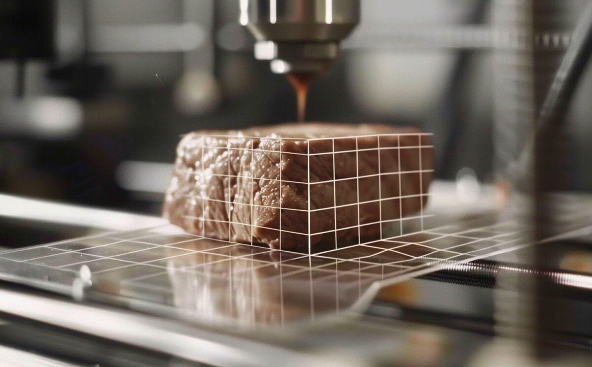 An AI-generated image of some lab grown meat being created in a metal machine