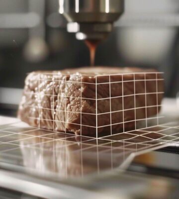 An AI-generated image of some lab grown meat being created in a metal machine