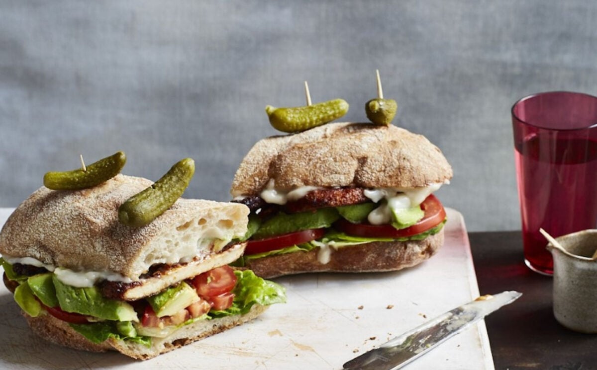 vegan BLT sharing size on ciabatta with avocado, tomato, lettuce, ketchup, tofu bacon, and mayo