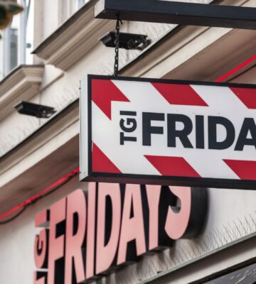 Photo shows a hanging sign for TGI Fridays outside a location in Prague, Czechia