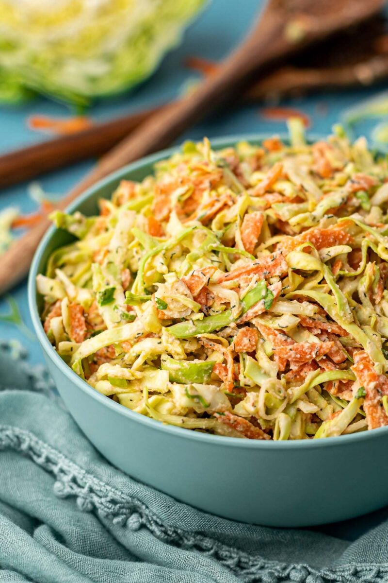 A bowl full of vegan and oil-free coleslaw