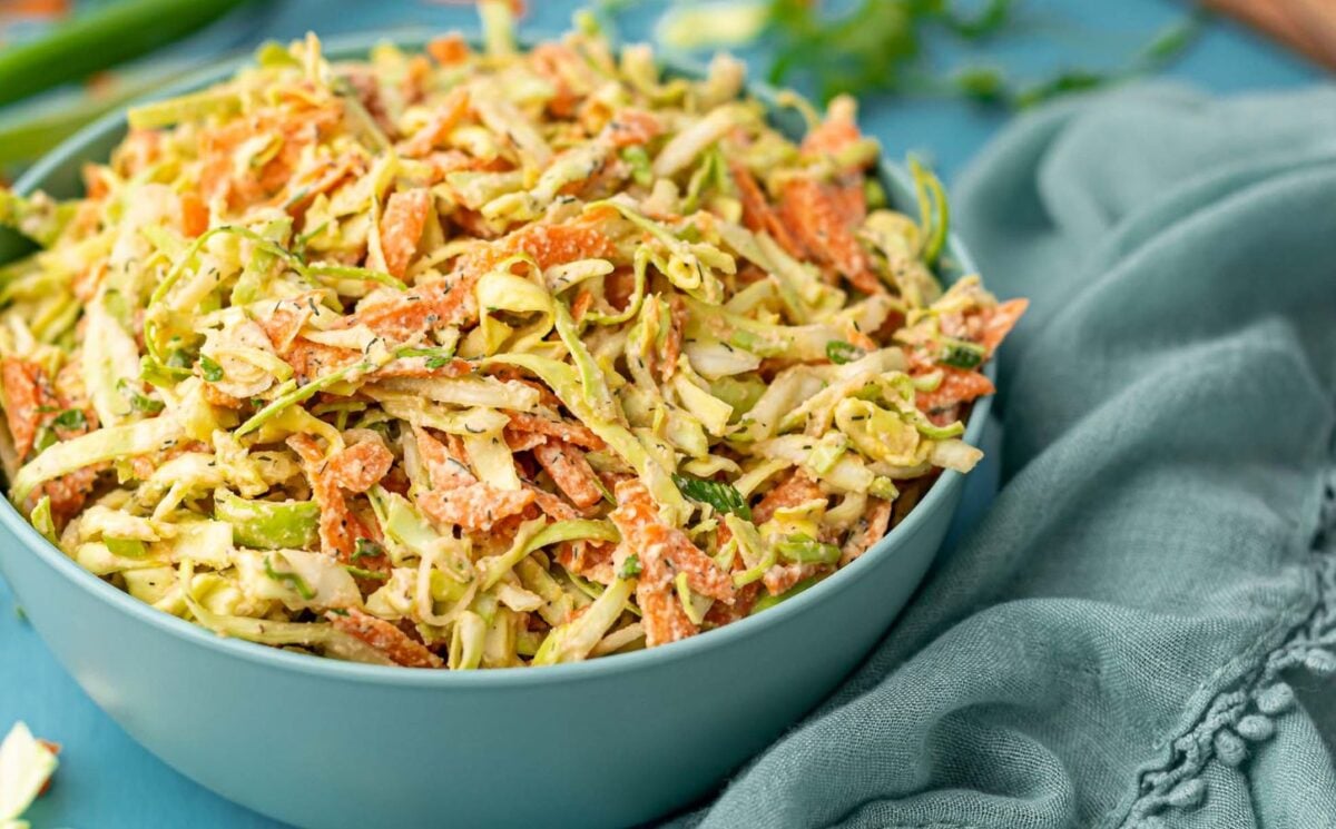 A hearty bowl of vegan, oil-free coleslaw