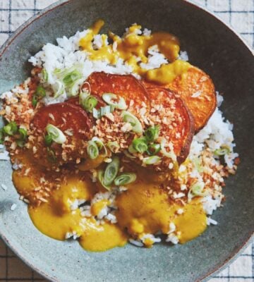 A plant-based sweet potsto katsu curry, a vegan potato recipe