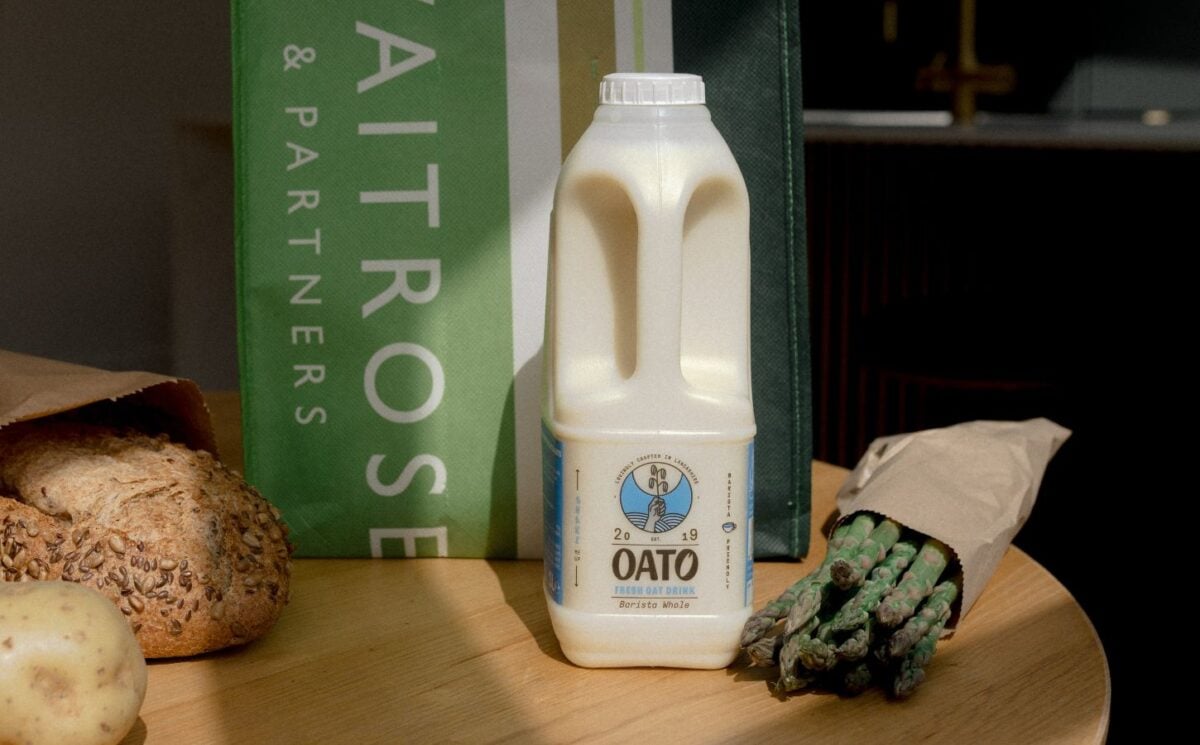A bottle of fresh oat milk from Waitrose