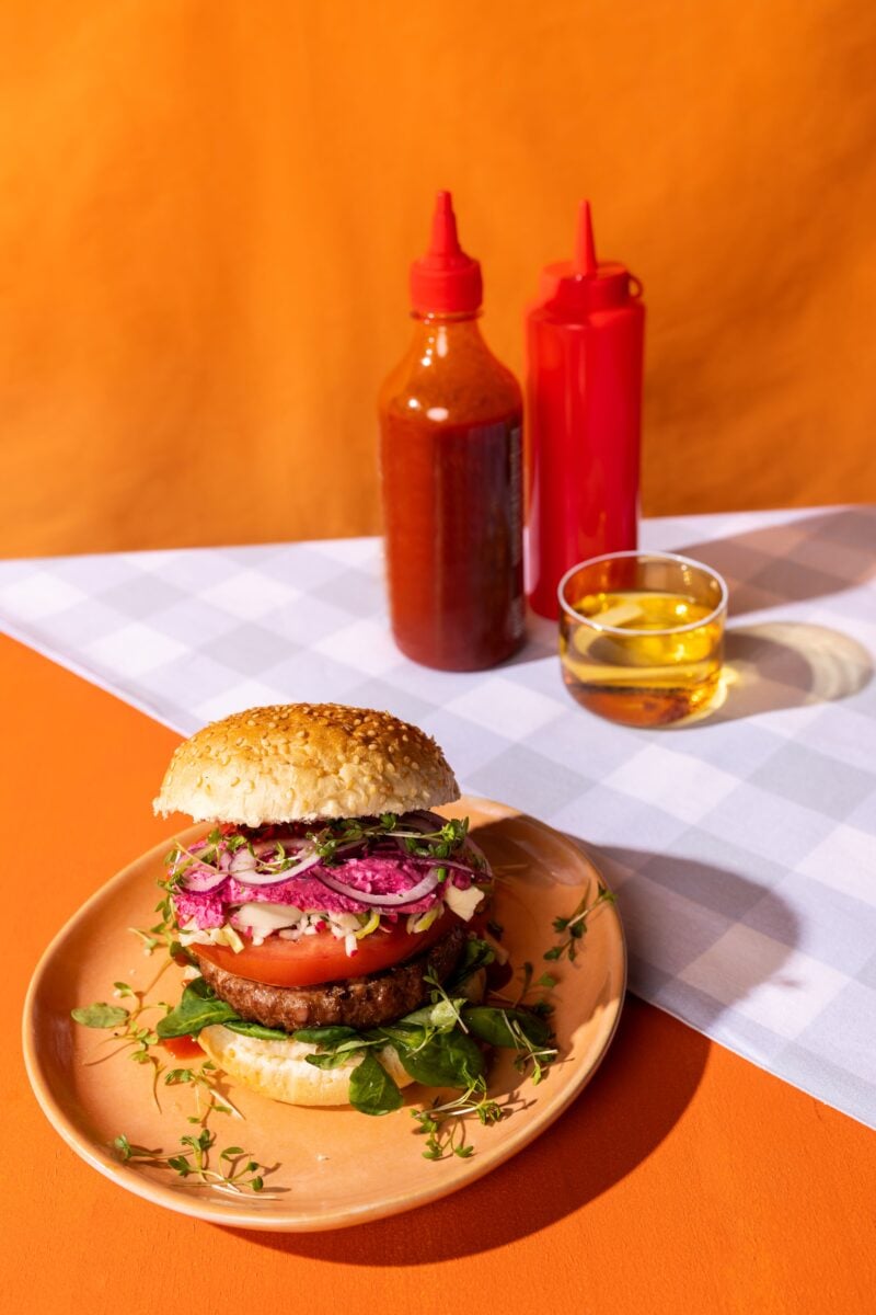 Photo shows a plant-based burger made using Revyve's egg replacer