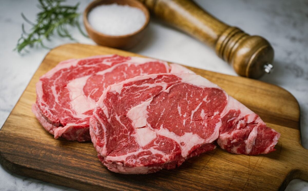 Photo shows a raw beef steak complete with marbling, which the GFI aims to emulate with its new research into plant-based technology