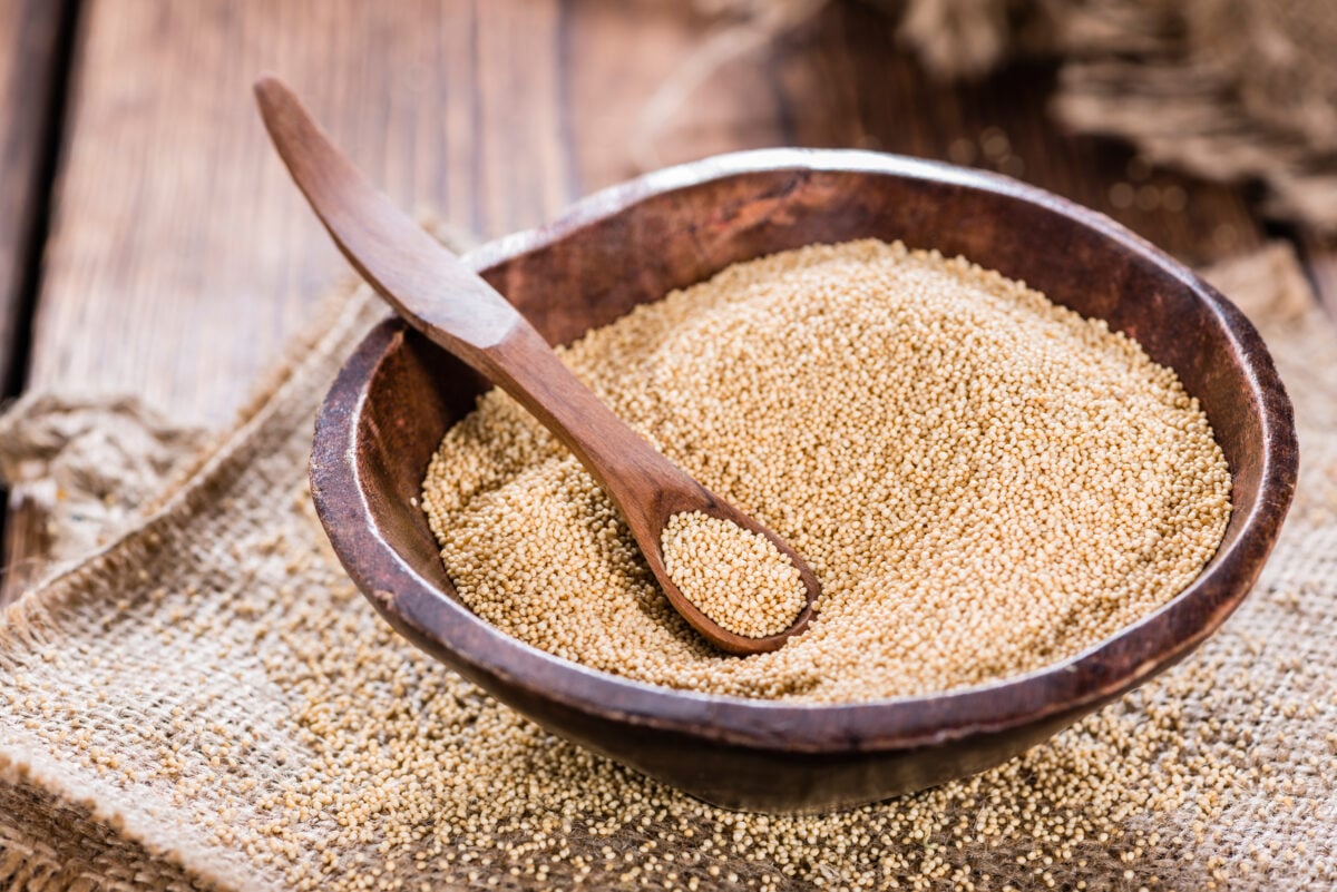 A bowl full of amaranth, a plant-based seed that's packed with complete vegan protein