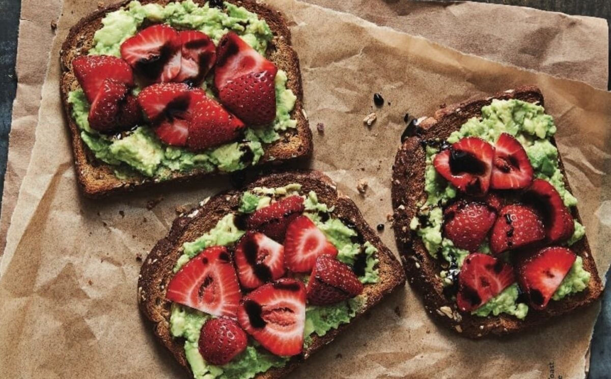 Three slices of strawberry and avocado toast