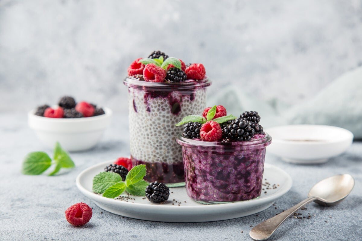 Two vegan puddings made with chia seeds, which are a complete plant-based protein source