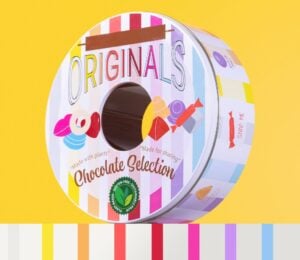 A dairy-free vegan chocolate selection tin named "Catherine Originals"