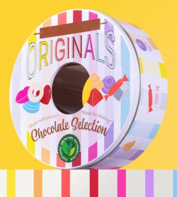 A dairy-free vegan chocolate selection tin named "Catherine Originals"