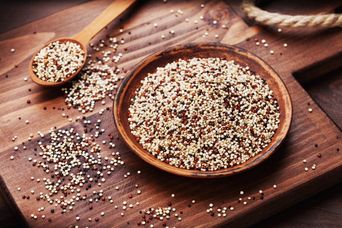 A bowl full of quinoa, which is a complete vegan source of protein