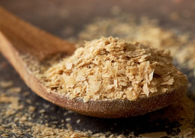 A wooden spoon full of nutritional yeast, a complete vegan protein source