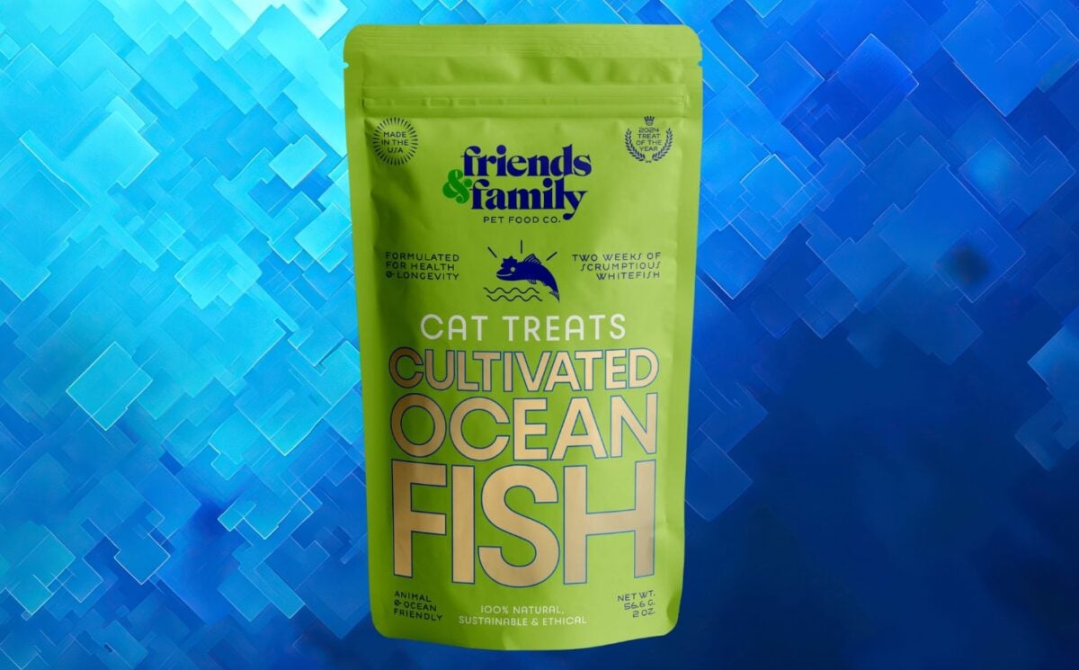 A packet of cat food made from cultivated fish in front of a navy blue patterned background