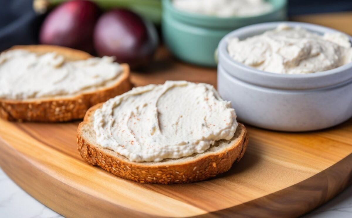 a picture of vegan bagels with plant-based cream cheese