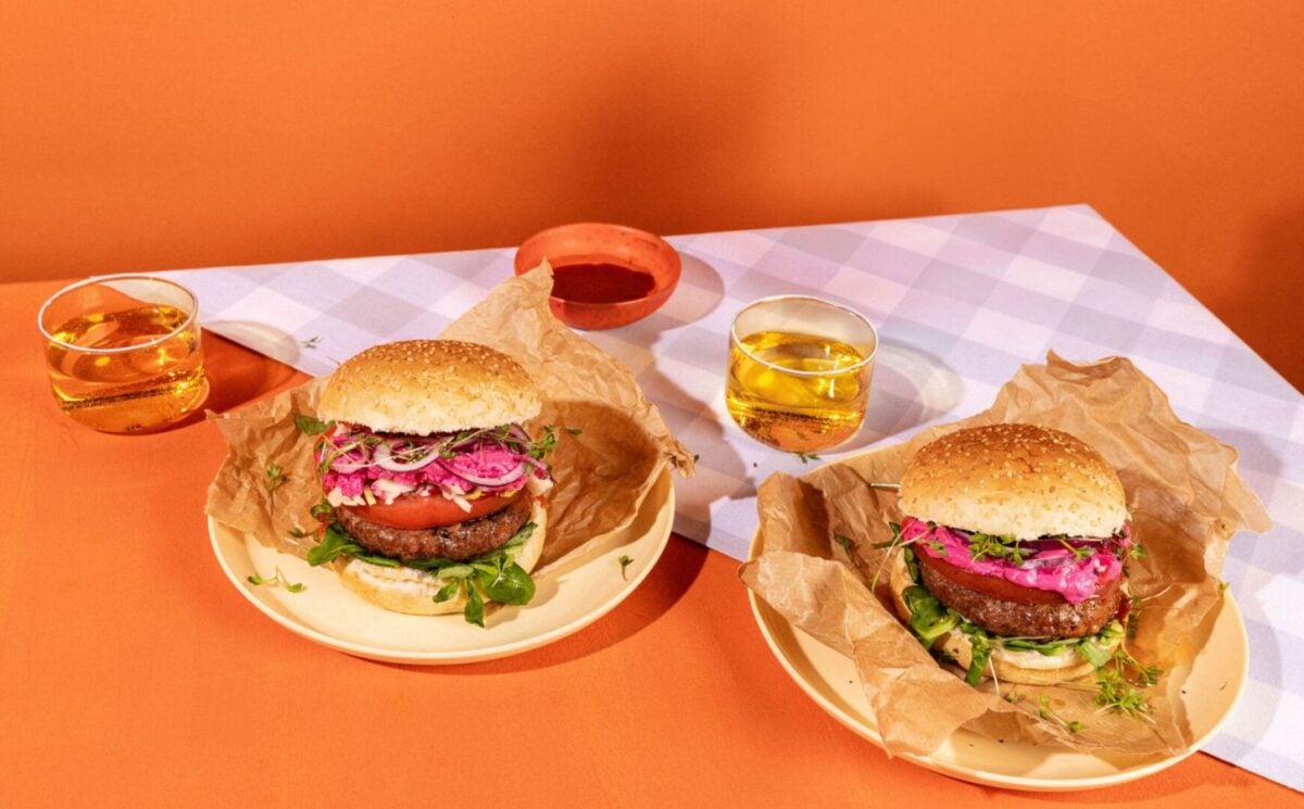 Photo shows two plant-based burgers made using Revyve's egg replacer