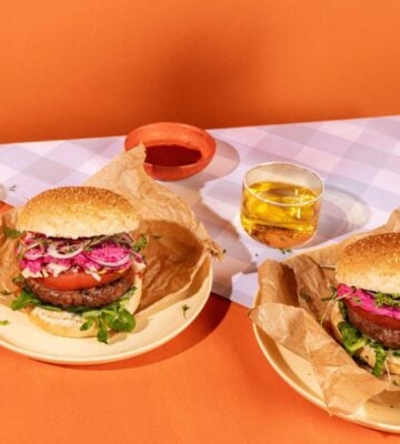 Photo shows two plant-based burgers made using Revyve's egg replacer
