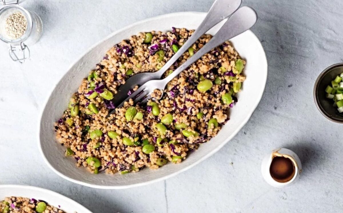 vegan easy quinoa and edamame salad made with cabbage, green onion, and sauce for a protein packed meal