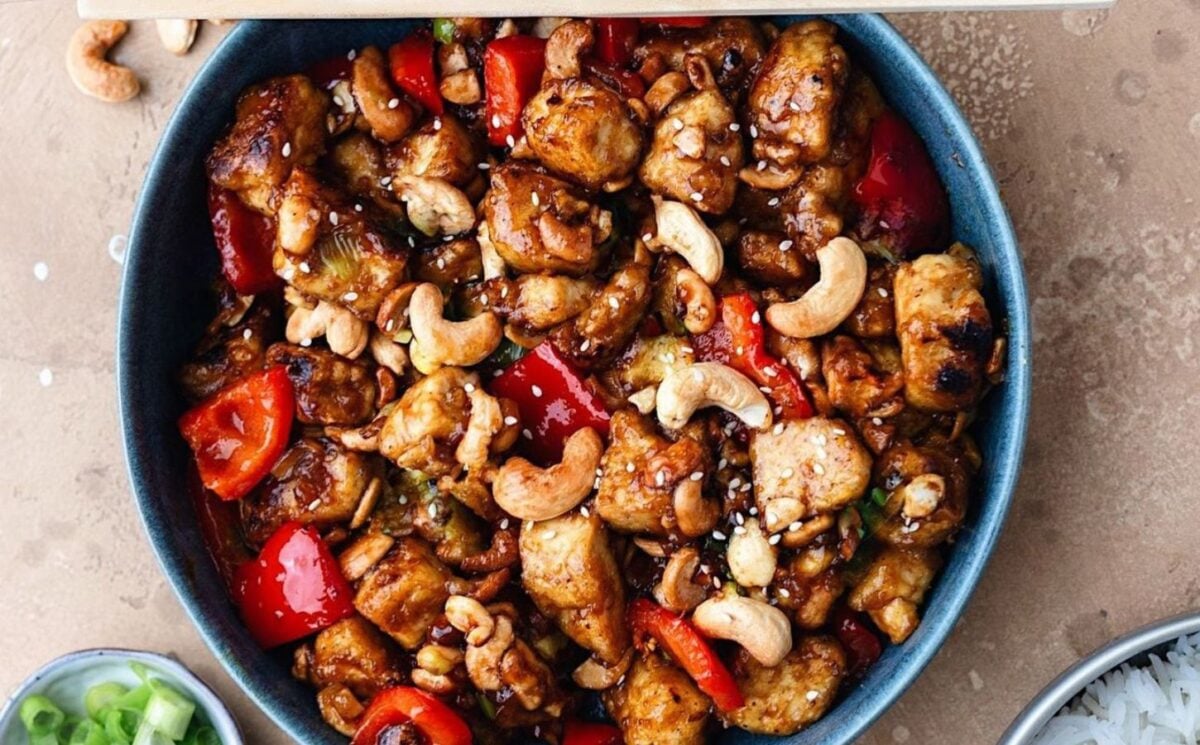 a picture of cashew and tofu stir fry made with red peppers and a tasty sauce