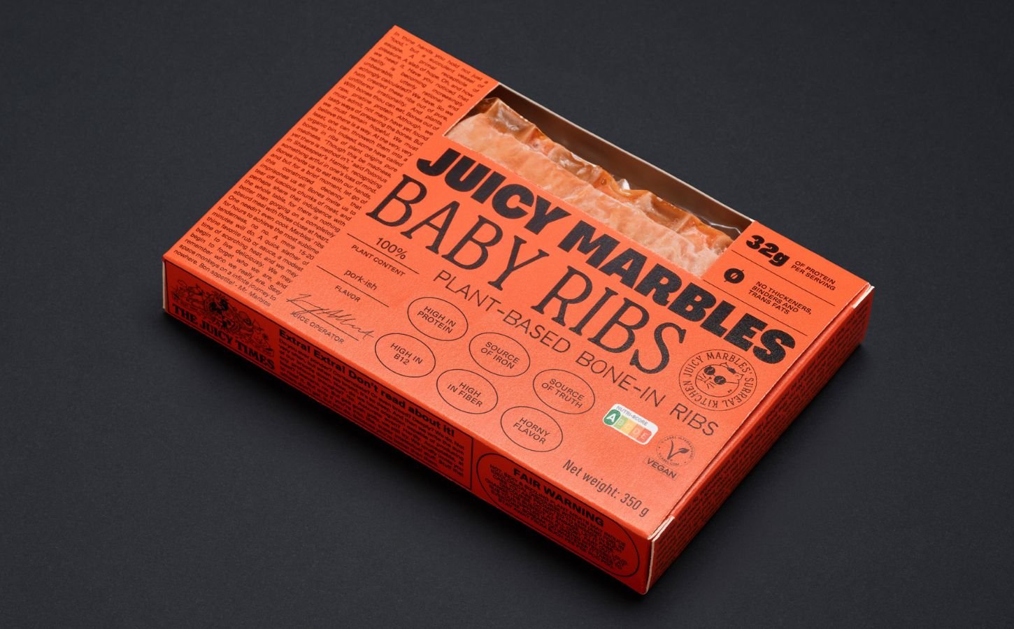 Photo shows a box of Juicy Marbles' new vegan Baby Ribs, made with an updated recipe