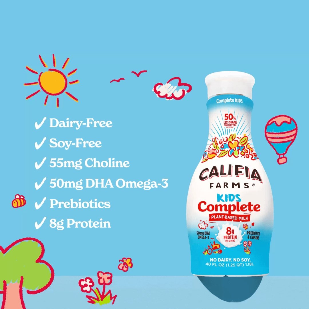 Three bottles of Califia Farms Kids Complete plant-based milk in front of a blue background