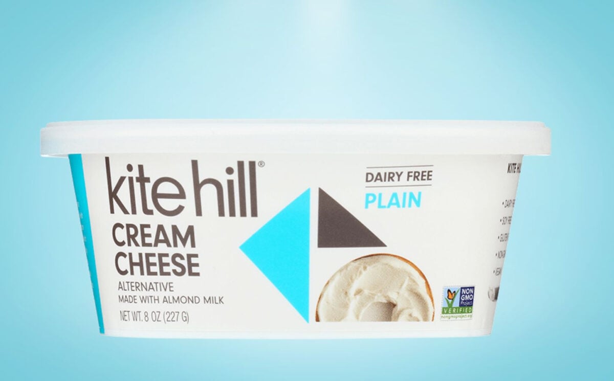 a picture of kite hill's plain cream cheese alternative made with almonds