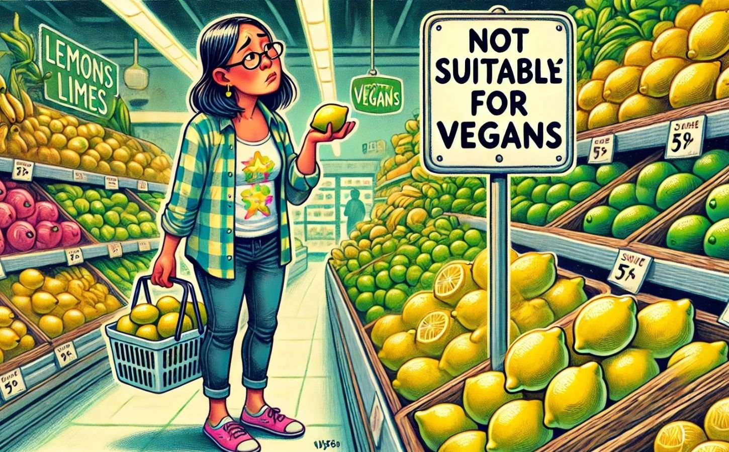 An illustration of a woman picking up a lemon at a supermarket next to a sign saying "not suitable for vegans"