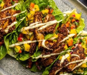 Vegan lettuce wraps with mango salsa, a plant-based BBQ recipe