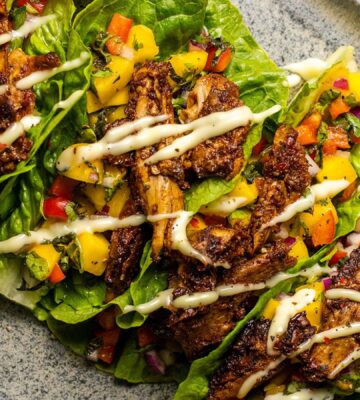 Vegan lettuce wraps with mango salsa, a plant-based BBQ recipe