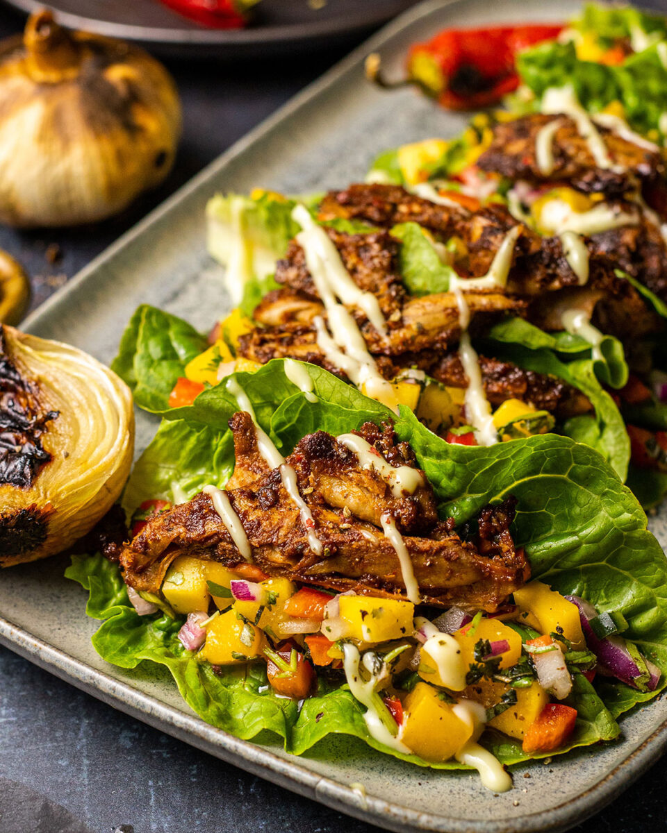 Vegan lettuce wraps with mango salsa, a plant-based BBQ recipe