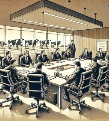 An AI-generated image of men in suits in a boardroom with cows outside on the grass, depicting meat greenwashing