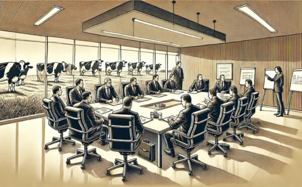 An AI-generated image of men in suits in a boardroom with cows outside on the grass, depicting meat greenwashing