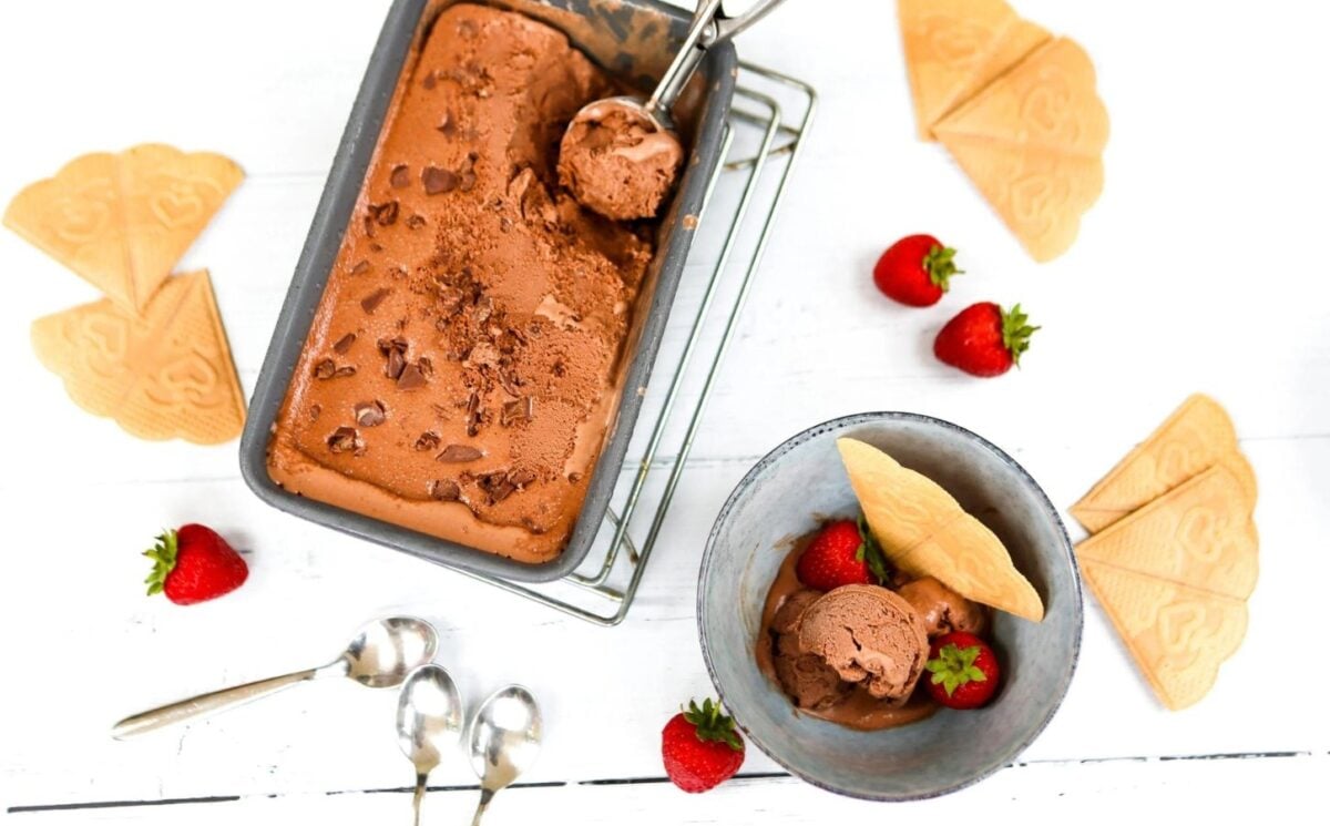 a picture of no-churn vegan chocolate ice cream made with cocoa, vegan condensed milk, and served in a tub